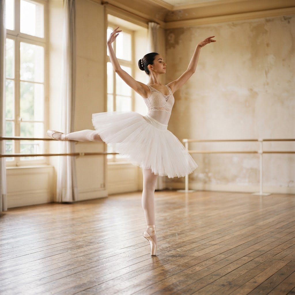 Balerina u pointe pozi tokom vežbe u baletskoj sali Mantock studija